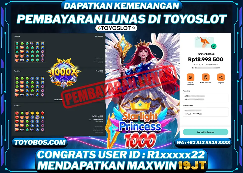 TOYOSLOT - BUKTI KEMENANGAN Starlight Princess 1000 Rp19,000,000,- LUNAS